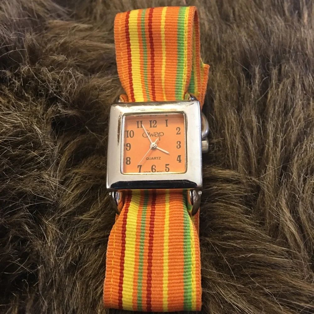 Ladies SWAP stripe fabric D ring band watch